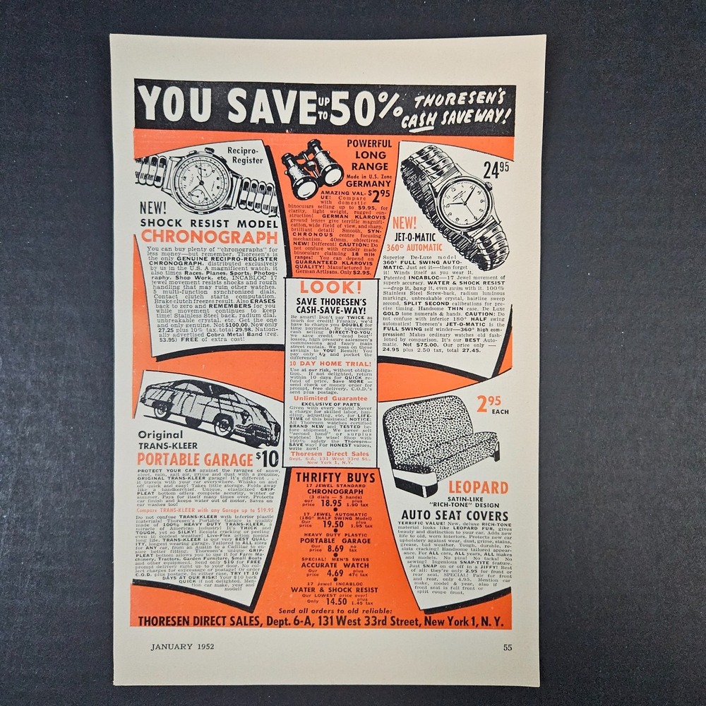 1952 Thoresen Direct Sales Watch Binoculars Seat Covers Vintage Print Ad NYC